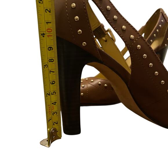 Coach (Style Q1293) Billee Golden Studded Peep Toe 4" Heels Size 9B in Brown - Picture 12 of 15